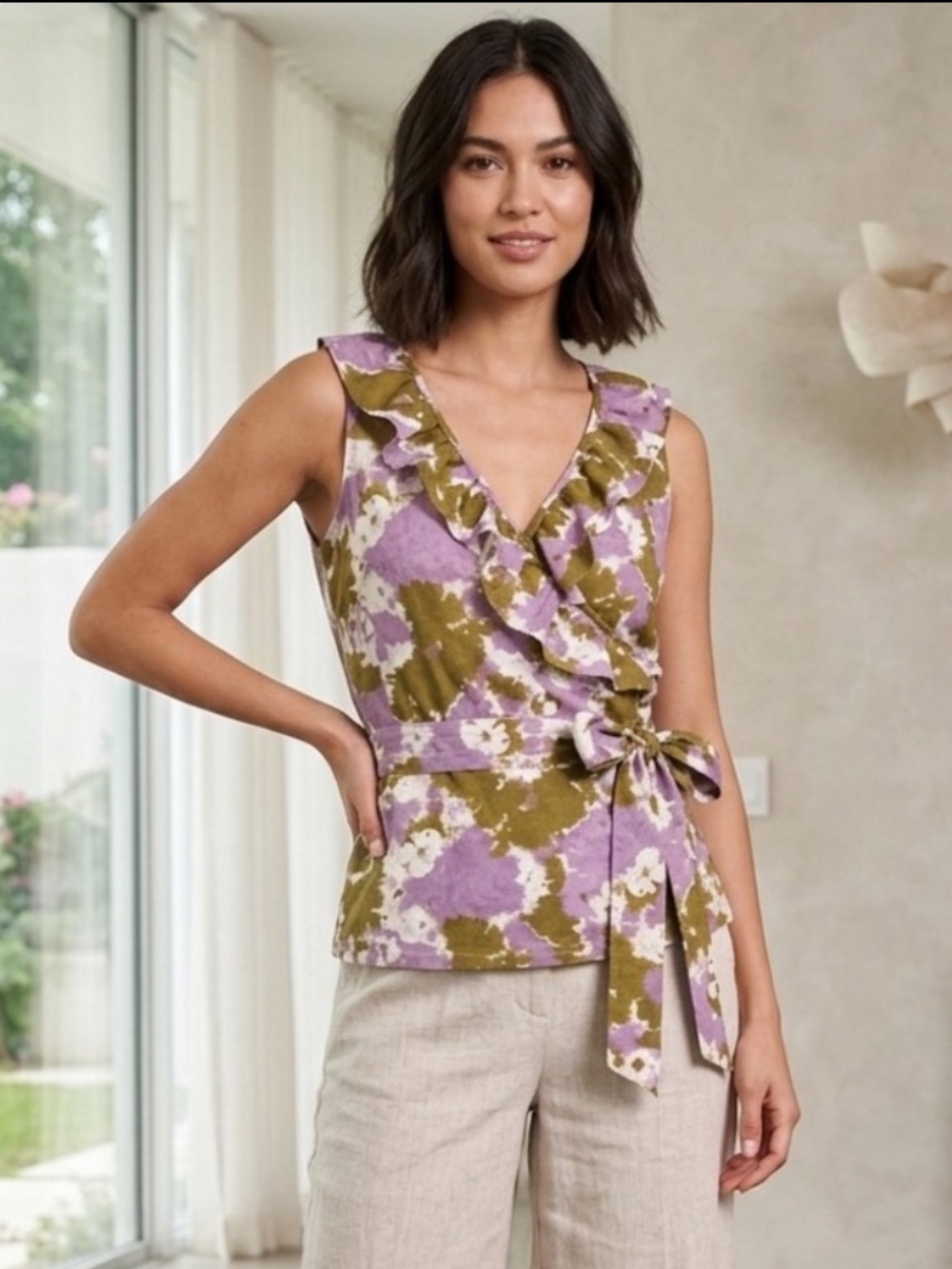 Floral Ruffle Wrap Top - Purple and Green